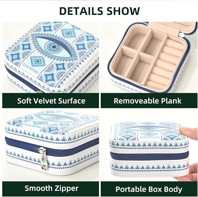 shunmei Mini Travel Jewelry Box,PU Leather Portable Jewelry Organizer Case,Art Accessories Storage Holder Boxes for Earring, Necklace, Rings, Bracelets (White Eyes) - Image 6