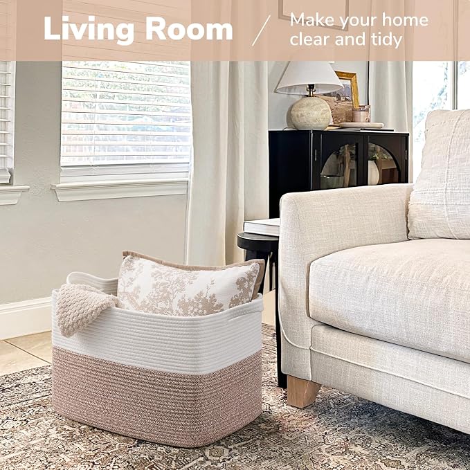 Goodpick Woven Baskets for Organizing, Rectangle Toy Baskets Storage Kids, Rope Storage Basket with Handles, Large Blanket Basket for Living Room, 18 x 14 x 12 Inches - Image 2