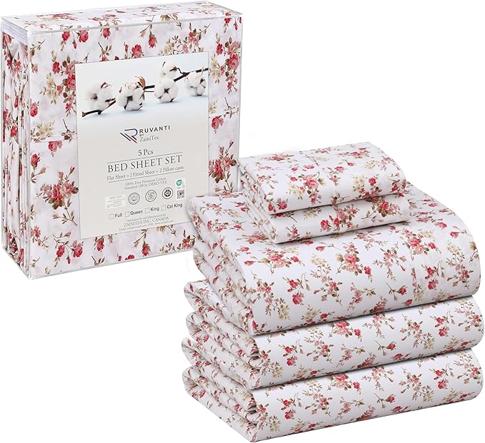 RUVANTI 100% Cotton Sheets – Split King Size Percale Bedding, Cooling & Breathable Floral Design, Durable with a Crisp, Soft & Comfortable Feel, 16" Deep Pocket, 5-Piece Set, Bouquet