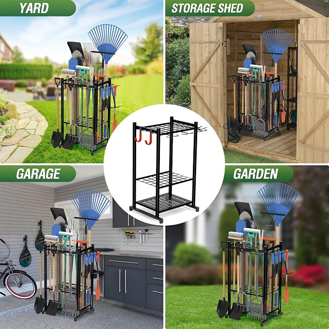 Sttoraboks Garden Tool Organizer Rack Up to 50 Tools, Heavy-Duty Steel Yard Tool Organizer for Garage Storage with 11 Hooks, Broom Holder & Garden Tool Rack for Shed, Patio, Outdoor Use, Black - Image 6
