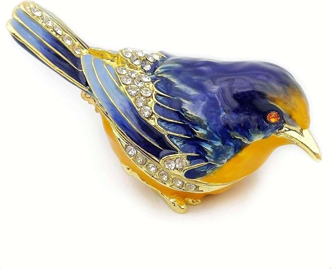 Starling Bird Trinket Boxes Hinged with Crystals Enameled Jewelry Box.Bird Lover Gifts for Women.Necklace Ring Box Earrings Storage.Collectible Bird Figurines Home Decor -Blue Yellow. by JWTAstyleHomeDecorGifts