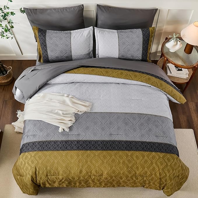 Dinjoy Gray Yellow King Size Comforter Set,Striped Boho Bed in a Bag King 7 Pieces Soft Fall Bedding Comforters Sets wiht Sheets Microfiber Complete Bed Sets for All Season