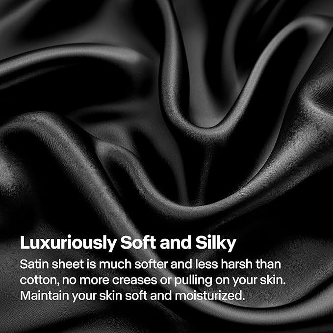 BEDELITE Satin Sheets Full XL Size Bed Set, Luxury Soft Black Silky Sheets for Hair and Skin, Similar to Silk Bed Sheets Set 4 Pieces with 1 Deep Pocket Fitted Sheet, 1 Flat Sheet, 2 Pillowcases