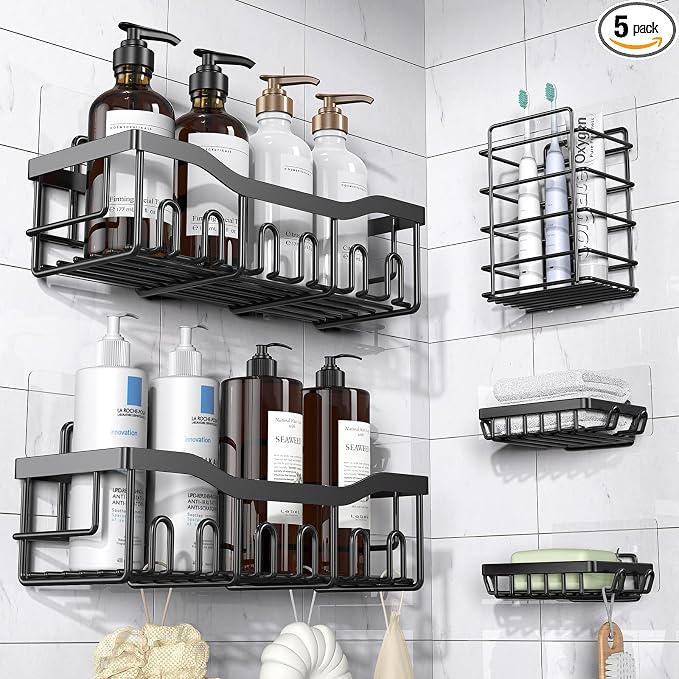 EUDELE Adhesive Shower Caddy, 5 Pack Rustproof Stainless Steel Bath Organizers With Large Capacity, No Drilling Shelves for Bathroom Storage & Home Decor by EUDELE