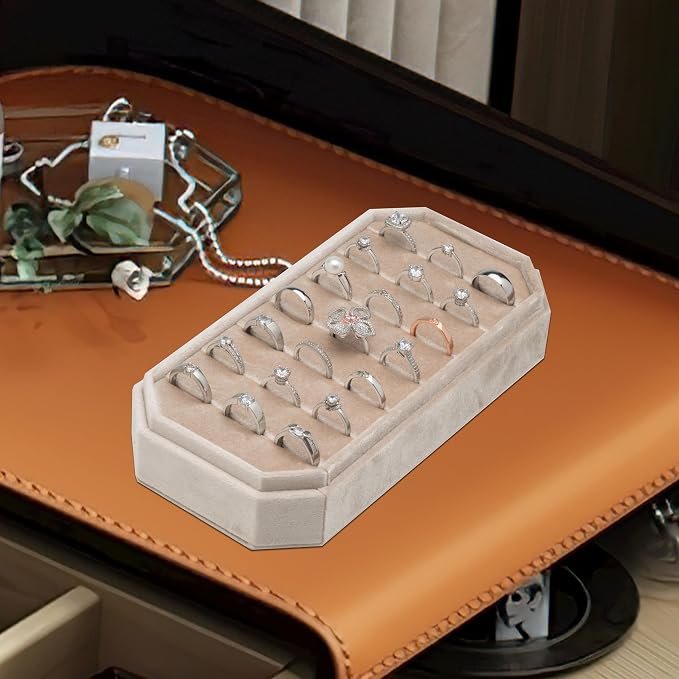 Velvet Ring Organizer Display Tray Jewelry Box Earring Holder Case for Wedding Birthday Christmas Day (Beige) - Image 6