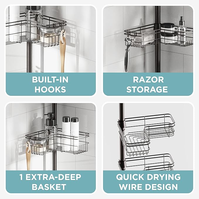 Zenna Home Tension Pole Shower Caddy Corner Organizer, Adjustable Standing Shower Caddy with 4 L-shaped Baskets and Hooks, Rust Resistant Bathroom Tension Rod Organizer, 60 to 97 Inch, Bronze - Image 6