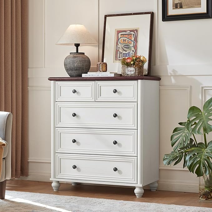 RWYHG Farmhouse 5 Drawer Dresser for Bedroom Set of 2, 35.5" Tall Small Dressers & Chest of Drawers, Rustic Wood Dresser with Roman Column, Storage Organizer for Living Room, Hallway, Closet (White)