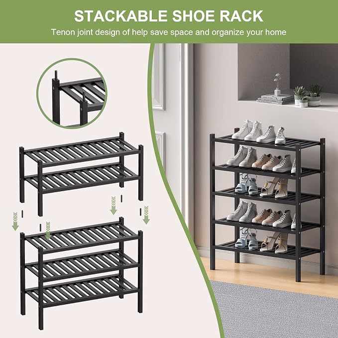 ROMGUAR CRAFT 3 Tier (Thick) Bamboo Shoe Rack for Entryway, Small Wood Shoe Shelf Storage Organizer for Closet, Shoe Stand for Hallway, Stackable and Sturdy 27"x12"x21" Black - Image 5