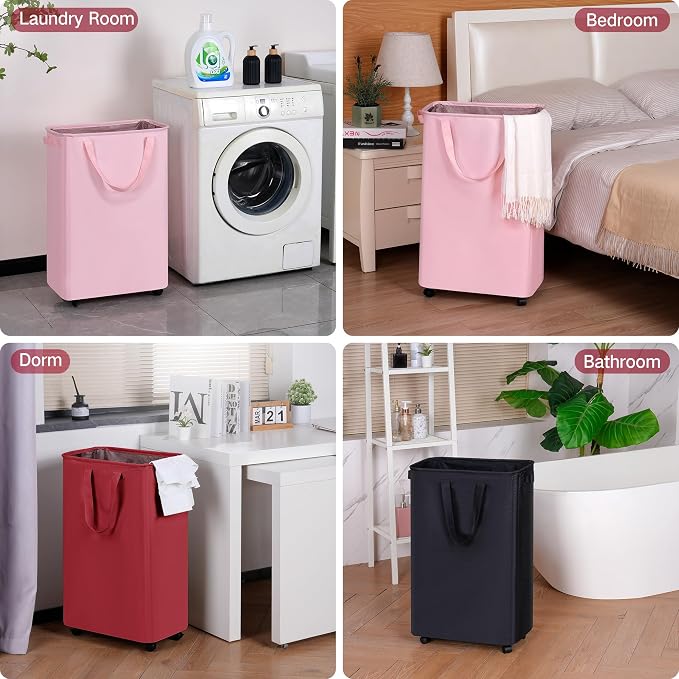 efluky Slim Laundry Hamper with Wheels, Rolling Laundry Basket for Clothes, Small Laundry Basket for Bedroom, Dorm and Laundry Room, 75L (19.8 Gallons) Burgundy Red - Image 6