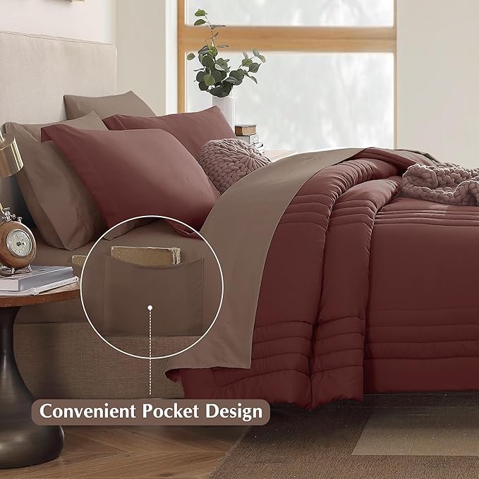 Monbix Full Comforter Set - 7 Pieces Dark Red Bed in a Bag Full Size Bedding Sets with Comforters, All Seasons Comforter with Sheets, Pillowcases & Shams