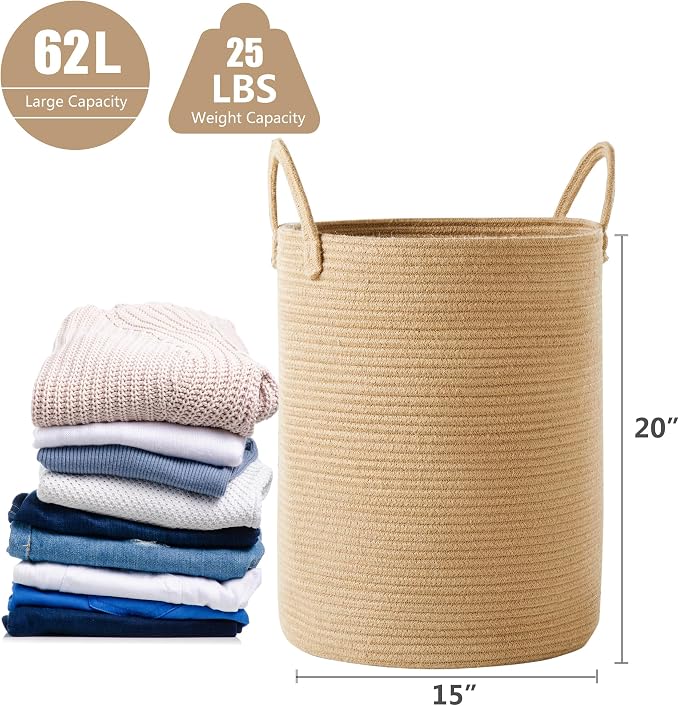 15Dx20H Inches Jute Woven Laundry Hamper Basket Wicker Rope Clothes Hamper Tall Rattan Blanket Basket in Living Room Bedroom 62L Large Capacity - Image 4