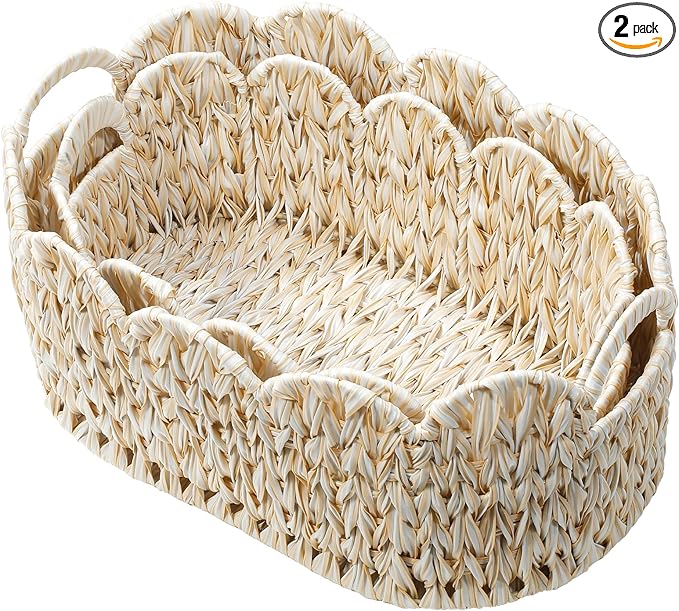 Coeusy Wicker Scalloped Basket Set of 2,Woven Storage Baskets for Shelves,Closet,Laundry,Gifts,Towels,Books,Toys,Waterproof Boho Decor Basket for Organizing by WEAVECOMFORTINTOEVERYCORNER