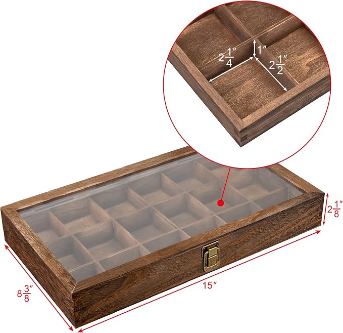 MOOCA Wooden Jewelry Display and Beads Display Storage Case with Tempered Glass Lid , 18 Compartments, 15" W x 8 3/8" L x 2 1/8" H, Brown Color - Image 2