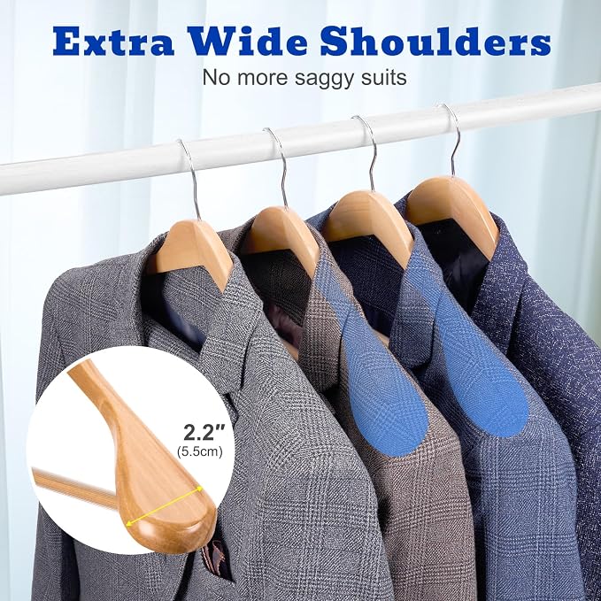 HOUSE DAY Wood Suit Hangers for Men, Smooth Wide Shoulder Wooden Hanger with Non Slip Pant Holder, Wide Hangers for Suits, Coats, Jackets, Heavy Wide Clothes Hanger 2 Pack, Natural - Image 3