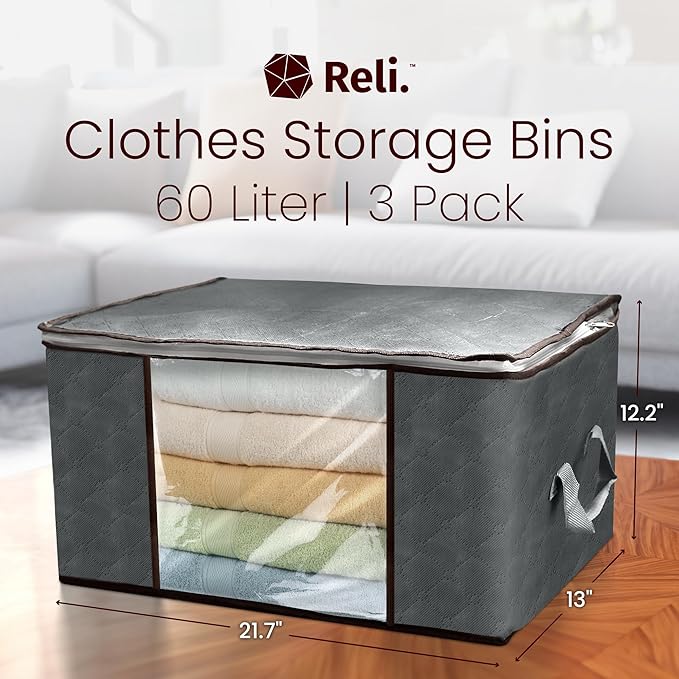 Reli. 60L Clothes Storage Bags (3 Pack) Closet Organizers and Storage Containers | Foldable Bins with Lids & Handles | Large Bags for Towels, Toys, Comforters, Blankets | Grey