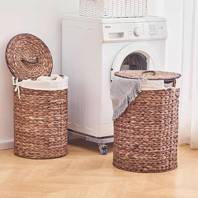 Round Water Hyacinth Laundry Hamper with Lid Handwoven Wicker Basket with Handles for Dirty Clothes, Storage, and Organization Ideal for Bedroom, Bathroom, and Laundry Room, No Assembly Required, 2Pcs - Image 7