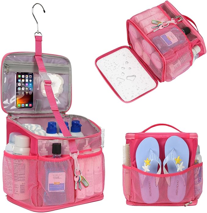 CUBETASTIC Shower Caddy Portable Mesh Shower Tote for Bathroom, Gym, Travel, Camping - Quick Dry Hanging Organizer Toiletry Bag with Handle for College Dorm Room, Men & Women (A# Hot Pink, 9.8") by CUBETASTIC
