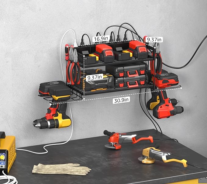 CCCEI Garage Tools Storage with Charging Station. Power Tool Battery Organizer Utility Shelf with Power Strip. 4 Drills Holder Wall Mount Rack, Black. - Image 6