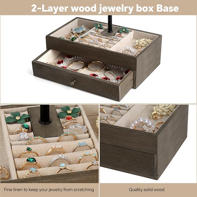 Meangood Jewelry Organizer Stand, 3-Tier Necklace Holder Jewelry Tree with Wooden Storage Drawer Box for Necklace Bracelet Earring Ring, Walnut - Image 6