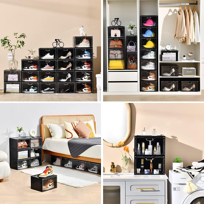 Amllas 8 Pack Shoe Boxes Black Plastic Stackable, Large Shoe Storage Organizer,Drop Side Front Shoe Containers for Entryway,Sneaker Storage Fit up to US Size 13 for Men/Women(13’’x 10.6”x 8.3”) - Image 5