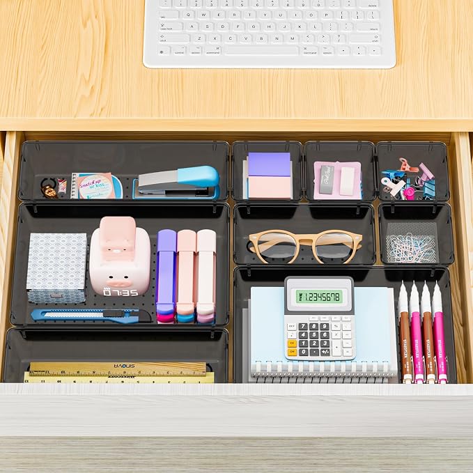 SpaceHacks 25 PCS Plastic Drawer Organizer Set, 4-Size Versatile Organizer Tool Trays & storage Bins for Makeup, Jewelry, and Gadgets in Bathroom, Bedroom and Office,Clear Black - Image 7