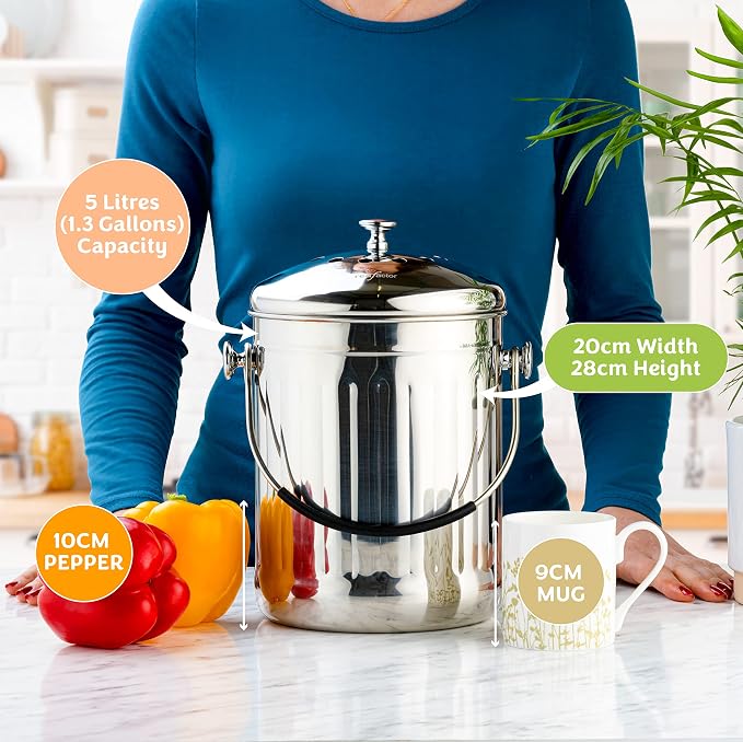 RED FACTOR Premium Compost Bin for Kitchen Countertop - Stainless Steel Food Waste Bucket with Innovative Dual Filter Technology - Includes Spare Filters (Brilliant Steel, 1.3 Gallon) - Image 5
