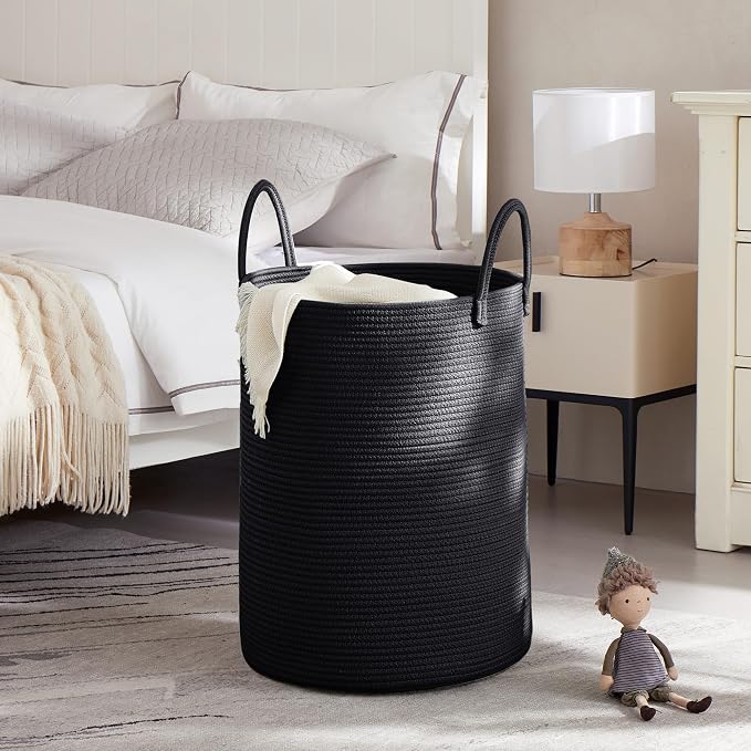 80L Extra Large Black Laundry Hamper Tall Woven Rope Laundry Basket for Clothes Modern Blanket Storage Basket in Living Room Bedroom 16"L x 16"W x 22"H - Image 2
