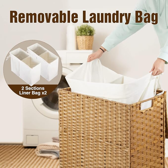 Greenstell Laundry Hamper No Install Needed, Divided Clothes Hamper with 2 Removable Liner Bags, 90L Handwoven Synthetic Rattan Laundry Basket with Lid and Handles, Foldable Natural - Image 7
