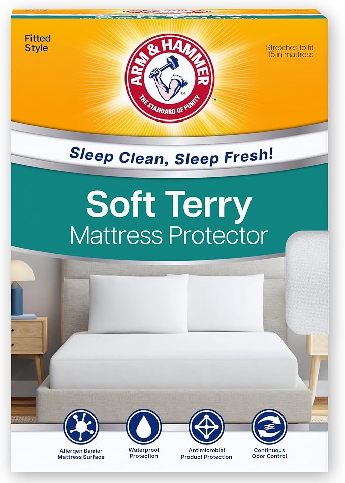 Arm & Hammer Soft Terry Mattress Protector, Waterproof, White, Queen