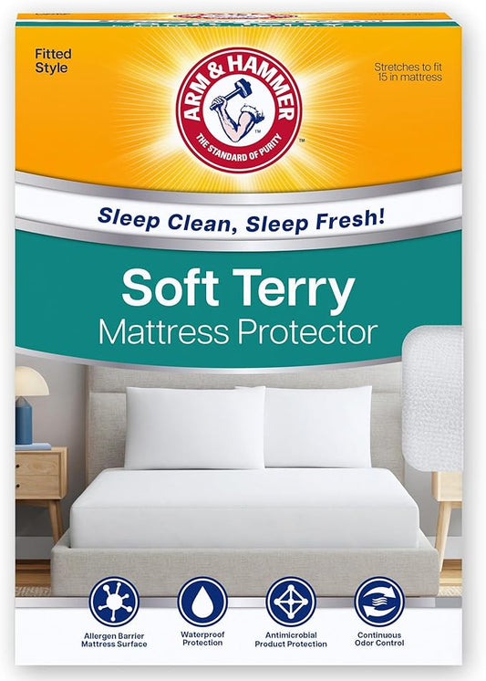 Arm & Hammer Soft Terry Mattress Protector, Waterproof, White, Full