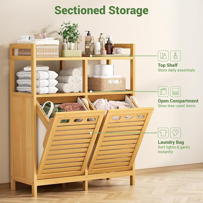 Homykic Tilt Out Laundry Hamper Cabinet, Bamboo Double Laundry Hamper with 2 Removable Laundry Baskets, 20 Gal Laundry Sorter Organizer with Shelf for Dirty Clothes, Bathroom, Laundry Room, Natural - Image 6