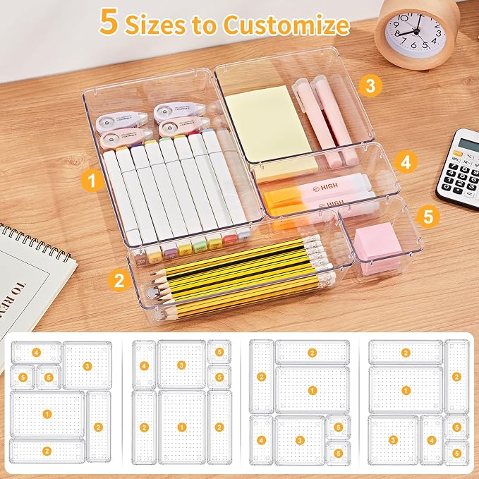 SMARTAKE 22-Piece Drawer Organizer with Non-Slip Silicone Pads, 5-Size Clear Desk Drawer Organizer Trays Storage Tray for Makeup, Jewelries, Utensils in Bedroom Dresser, Office and Kitchen, Clear - Image 8