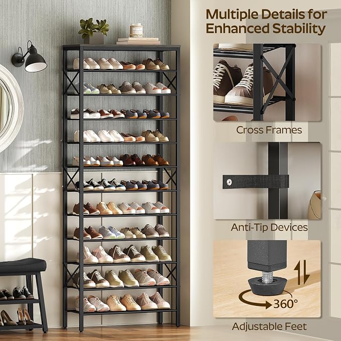 YATINEY 12 Tier Shoe Rack, Large Capacity Shoe Storage Organizer Holds 48 Pairs, Sturdy and Stable, for Entryway, Hallway, Closet, Dorm Room, Charcoal and Black SS12BC - Image 8