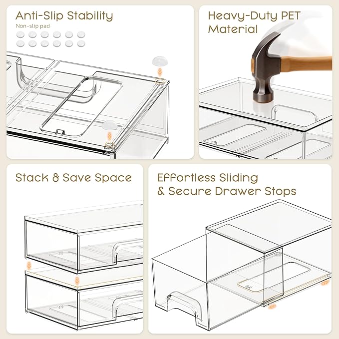 Criusia Stackable Storage Drawers, 3 Pack Clear Acrylic Makeup & Bathroom Organizer, Versatile Storage Bins for Vanity, Under Sink, Kitchen Cabinets & Pantry - Image 4