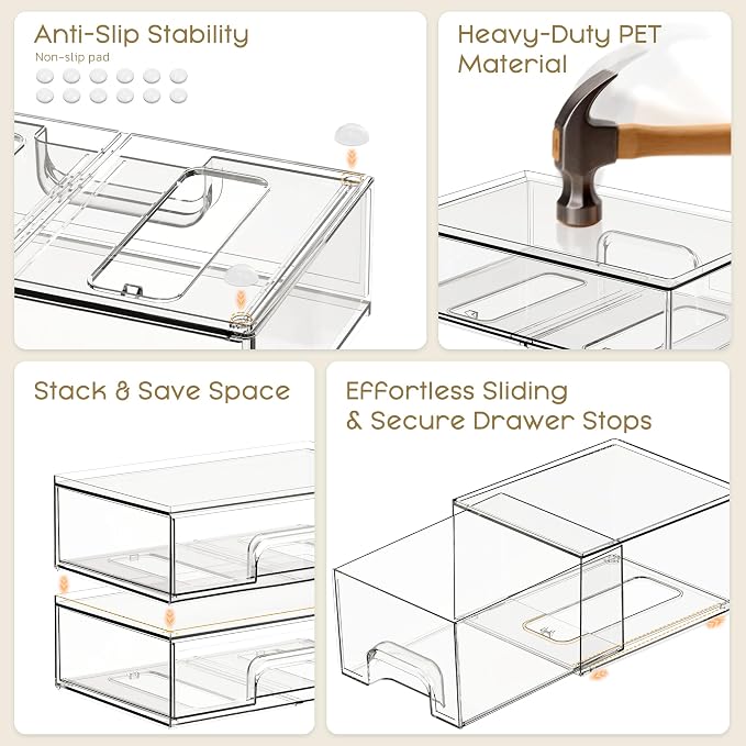 Criusia Stackable Storage Drawers, 6 Pack Clear Plastic Makeup & Bathroom Organizer, Versatile Storage Bins for Vanity, Under Sink, Kitchen Cabinets & Pantry - Image 5