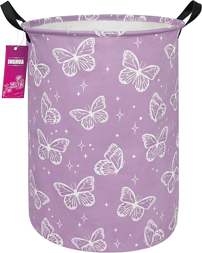 Laundry Hamper Large Canvas Fabric Lightweight Storage Basket/Toy Organizer/Dirty Clothes Collapsible Waterproof for College Dorms, Boys and Girls Bedroom,Bathroom(butterfly) by INGHUA