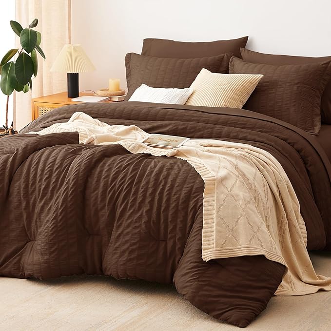 CozyLux Oversized Queen Comforter Set Brown Seersucker 7 Pieces 98x98 Bed in a Bag Comforter Set with Sheets, Luxury Soft Bedding Sets with Down Alternative Comforter, Sheets, Pillowcases & Shams