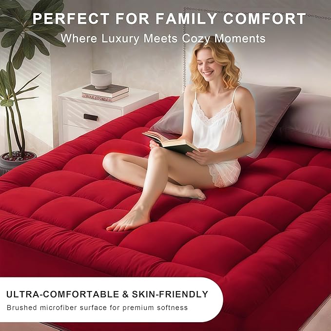 Quilted Mattress Pad Pillow Top Mattress Cover Protector Cooling Soft for Breathable Padded Deep Pocket 8-21 Fitted Supportive(Red,Full Size)