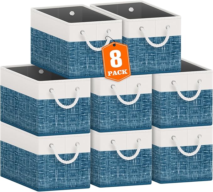 Fab totes Storage Bins [8-Pack], Foldable Storage Baskets for Organizing Toys, Books, Shelves, Closet, Large Storage Box with Rope Handles, Sturdy Organizer Bins, White & Blue by Fabtotes