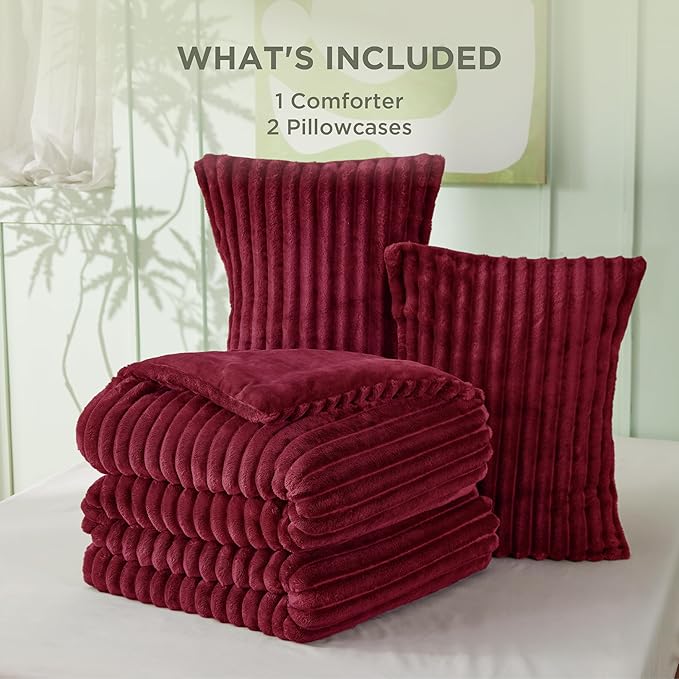 Bedsure Comforter Set Queen Size - GentleSoft™ 3 Pieces Double-Side Fleece Fluffy Dark Red Comforter Set, Cozy Striped Room Decor Aesthetic, Luxury Bedding Queen Size, 2 Pillowcases, 90x90 Inches