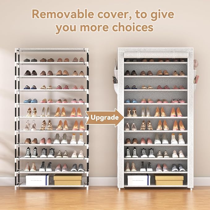 ROJASOP 10 Tier Shoe Rack with Covers Large Capacity Stackable Tall Shoe Shelf Storage for 50-55 Pairs Shoe and Boot, Sturdy Free Standing Shoe Rack Organizer for Closet, Entryway, Bedroom, Printing - Image 5