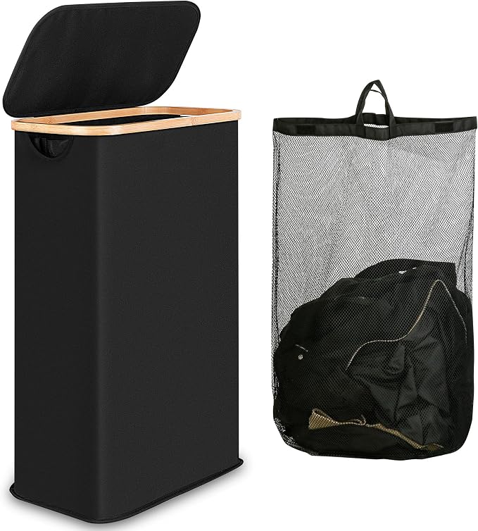 iEGrow 60L Slim Laundry Hamper, Narrow Laundry Basket with Lid,Foldable Clothes Hamper with Bamboo Handles,Hamper Basket with Removable Inner Bag for Laundry Room Bedroom College Dorm,Black by iEGrow