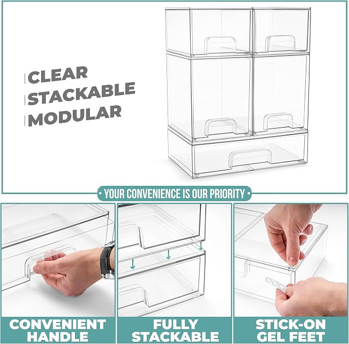 Sorbus Stackable Acrylic Storage Drawers – 2 Small + 2 Tall + 1 Wide – 5 Pack Clear Plastic Organizer Bins for Baby Bottles, Makeup, Bathroom & Vanity, Pull-Out Drawer Design for Kitchen Cabinets - Image 5