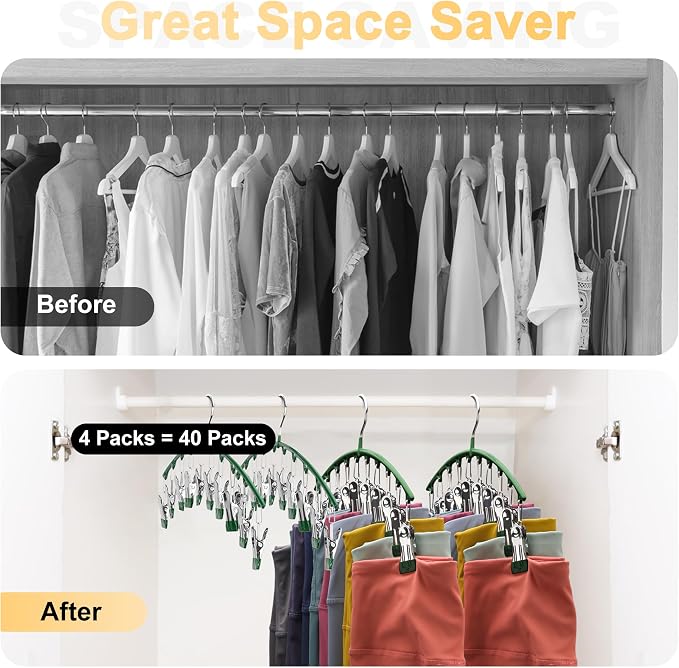 Legging Organizer for Closet, Metal Yoga Pants Hangers 4 Pack w/10 Clips Holds 40 Leggings, Space Saving Hanging Closet Organizer w/Rubber Coated Closet Organizers and Storage, Green - Image 3