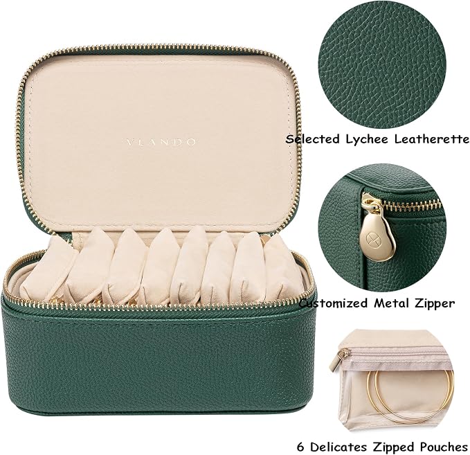 VLANDO Travel Jewelry Box Organizer – Portable PU Leather Jewelry Case with 6/8/12 Zippered Pouches, Compact Storage for Earrings Rings Necklaces Bracelets, Dark Green - Image 6