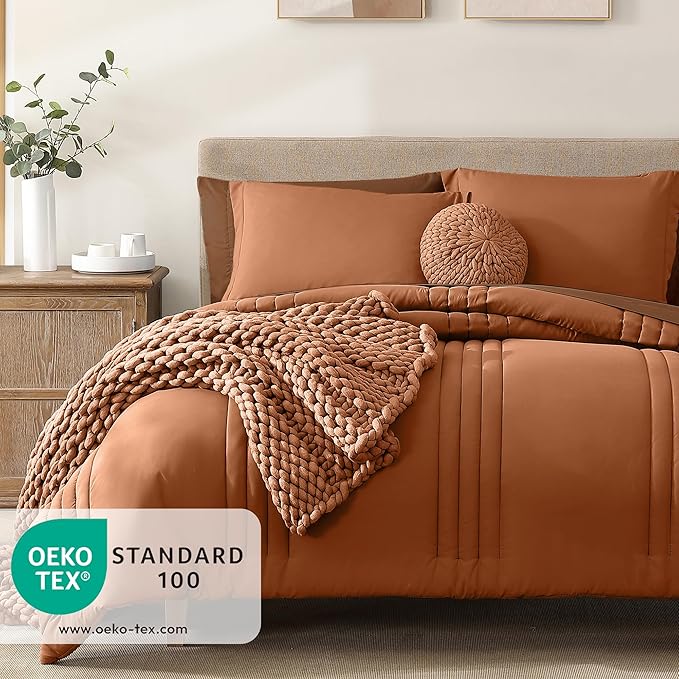 Monbix Oversized Queen Comforter Set - 7 Pieces Burnt Orange Bed in a Bag Oversized Queen Bedding Sets with Comforters, All Seasons Comforter Bed Set with Sheets, Pillowcases & Shams