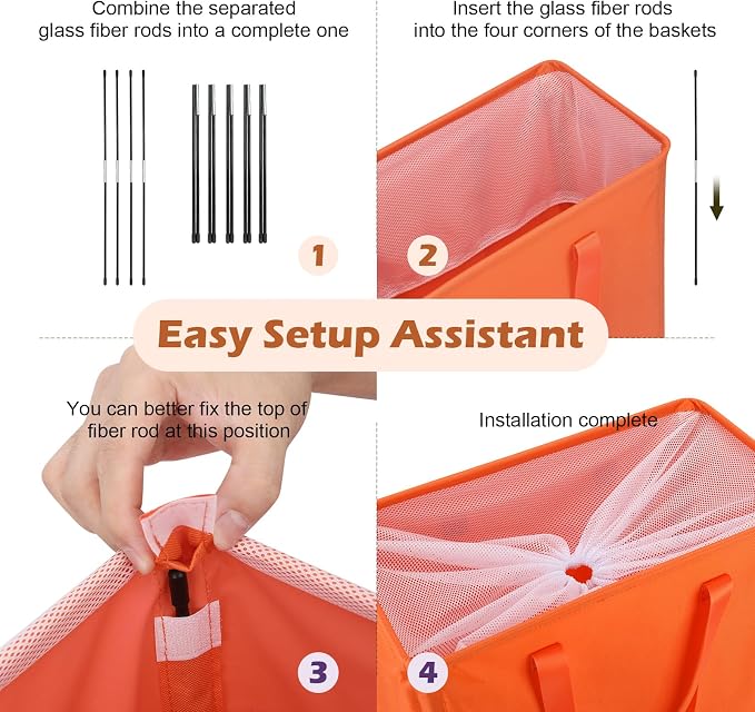 Odonata Slim Laundry Hamper Handles Collapsible Laundry Basket Thin Dirty Clothes Basket Narrow Laundry Bag Foldable Dirty Hamper 45L (Orange) - Image 3