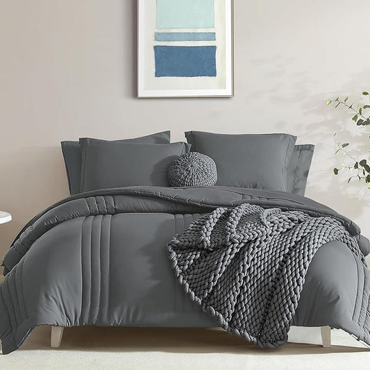 Monbix Twin XL Size Comforter Set - Extra Long 5 Pieces Dorm Bedding Sets, Quilting Design Fluffy Bed in a Bag Twin XL with Sheets, Pillowcase & Sham(Grey)