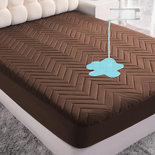 Quilted Waterproof Mattress Protector - Queen Size 15" Deep Pocket Fitted Sheet, Ultra-Soft Breathable and Machine Washable Mattress Pad Cover - Coffee