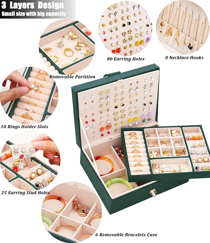 QBestry Womens Earrings Jewelry Box for Girls Jewelry Earring Organizer Box Earring Holder Organizer for Girls Jewelry Organizer Boxes for Women Girls Stud Earrings Organizers Jewelry Box Green - Image 3